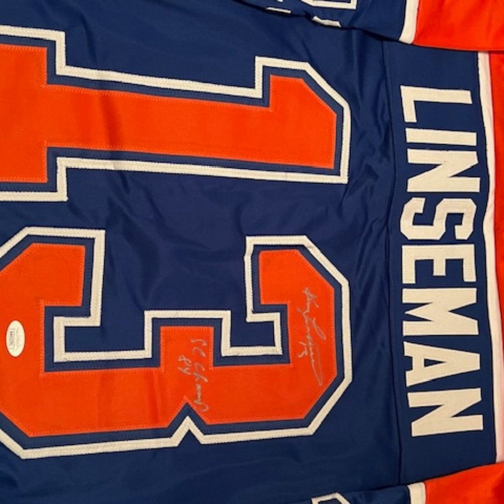 Ken Linseman Edmonton Oilers Autographed & Inscribed Custom Hockey Jersey JSA co